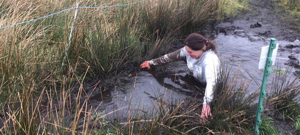 Woman in field waist-deep in muddy river.
