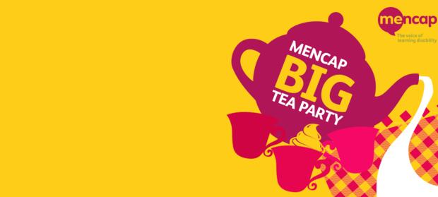 Cartoon image of a tea pot with text on it that reads "Mencap's Big Tea Party"