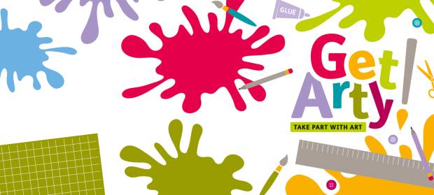 Cartoon image with colourful splashes of paint, art supplies and text that reads "Get Arty! Take part with art".