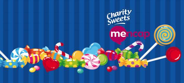 Cartoon image of sweets with text readings "Mencap charity sweets".