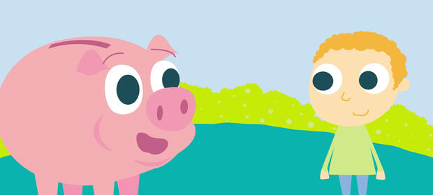 Cartoon image of a young boy and a pig.