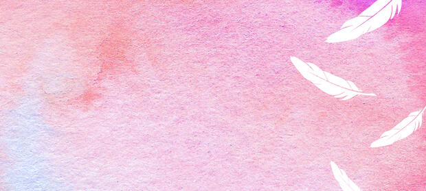 Pink image with floating white feathers.