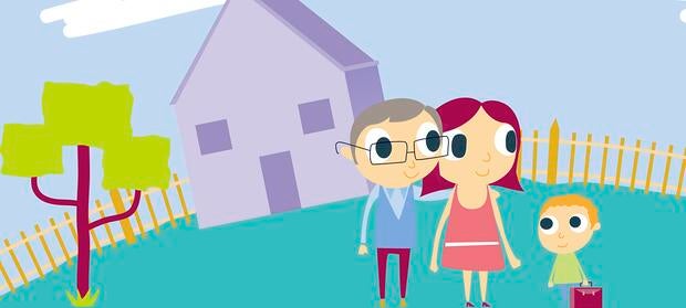 Cartoon image of parents with their child stood in a garden in front of their home
