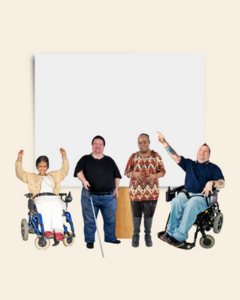 A group of four people, two in wheelchairs and their hands raised.