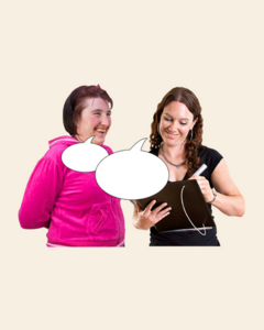 Two women talking and one of them is writing on a clipboard