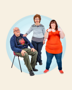 A group of three people smiling