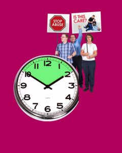 A clock in front of a group of activists who are holding signs
