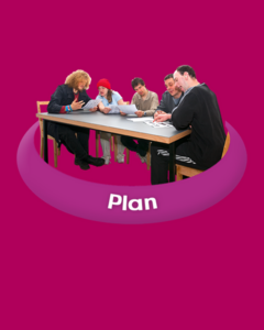 A team of people around a table with the word 'Plan' underneath it