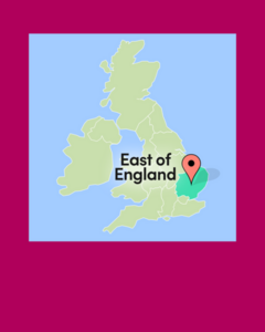 A map of the UK with a map pin and highlight shown over East of England