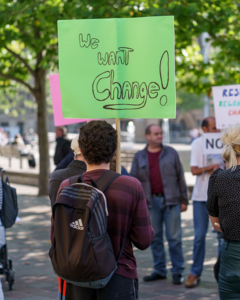 A crowd of activists with signs in a street. One sign says 'We want change'
