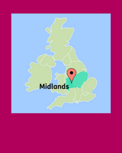 A map of the UK with a map pin and highlight shown over Midlands