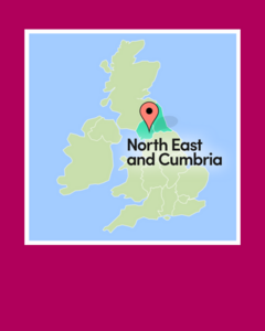 A map of the UK with a map pin and highlight shown over North East and Cumbria