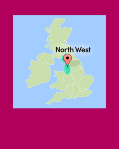 A map of the UK with a map pin and highlight shown over North West