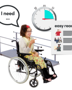 A woman in a wheel chair surrounded by symbols of an easy read document and a stop clock. The woman is telling someone what she needs.