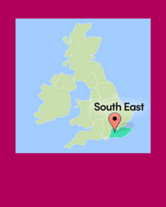 A map of the UK with a map pin and highlight shown over South East