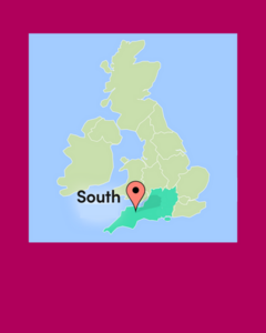 A map of the UK with a map pin and highlight shown over the South
