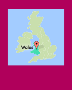 A map of the UK with a map pin and highlight shown over Wales