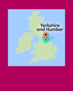 A map of the UK with a map pin and highlight shown over Yorkshire and Humber