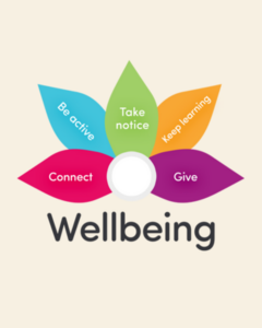 A drawing of five petals under the title Wellbeing