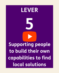 An image with a YouTube play button on it. On the image it says Lever 5 Supporting people to build their own capabilities to find local solutions