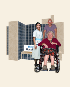 A woman in a wheelchair is accompanied by a supporter and a nurse outside a hospital building