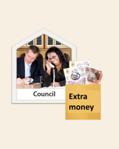 An envelope with cash in it and a photograph of two people working at the council
