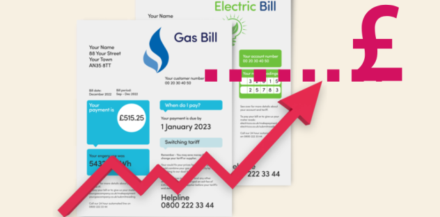 three energy bills with a line pointing upwards towards a horizontal line and a pound sign.