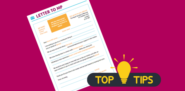 An image of the letter template to write to MPs with a Top Tips sticker over it