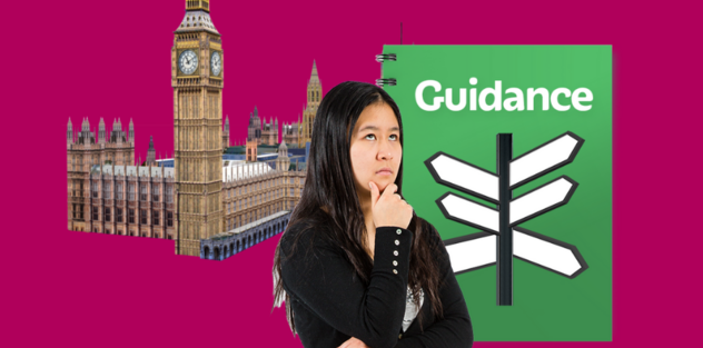 A woman looking for guidance with a picture of big ben behind her