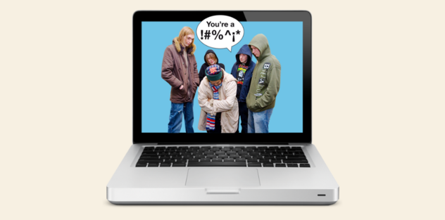 A laptop screen showing a picture of an old woman being bullied by a group of young people