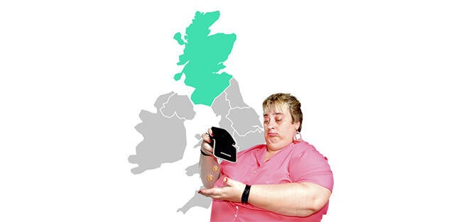A woman emptying her purse to show she has no money, with a map of the UK with Scotland highlighted behind her.