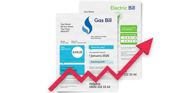 Gas and electric bills with a red line pointing up