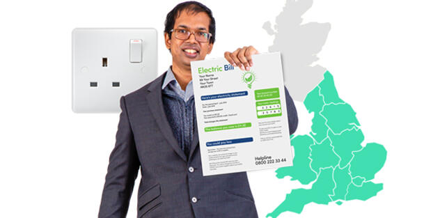 A man holding an electricity bill next to a map highlighting England and Wales