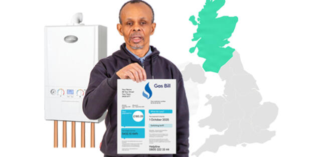 A man holding a gas bill next to a map highlighting Scotland